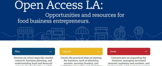 Image showing the homepage of Open Access LA. Dark blue banner spans the width of the screen with the title, Open Access LA: Opportunities and resources for food business entrepreneurs. Light blue outlined illustrations of different food business types: food truck, dining, market stand, and delivery line the bottom of the header. Set against the white background are three subheaders: Plan in dark blue, Launch in yellow, and Grow in red.