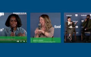 From left to right first image Seanicaa Edwards Heron, a black woman holding a microphone as she discusses the state of black farmers in the U.S.; second image Rebecca Chesney smiling as she discusses food waste and the role of large companies; third Anne McBride in conversation with Chef Eric Adjepong