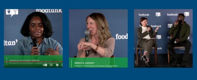 From left to right first image Seanicaa Edwards Heron, a black woman holding a microphone as she discusses the state of black farmers in the U.S.; second image Rebecca Chesney smiling as she discusses food waste and the role of large companies; third Anne McBride in conversation with Chef Eric Adjepong