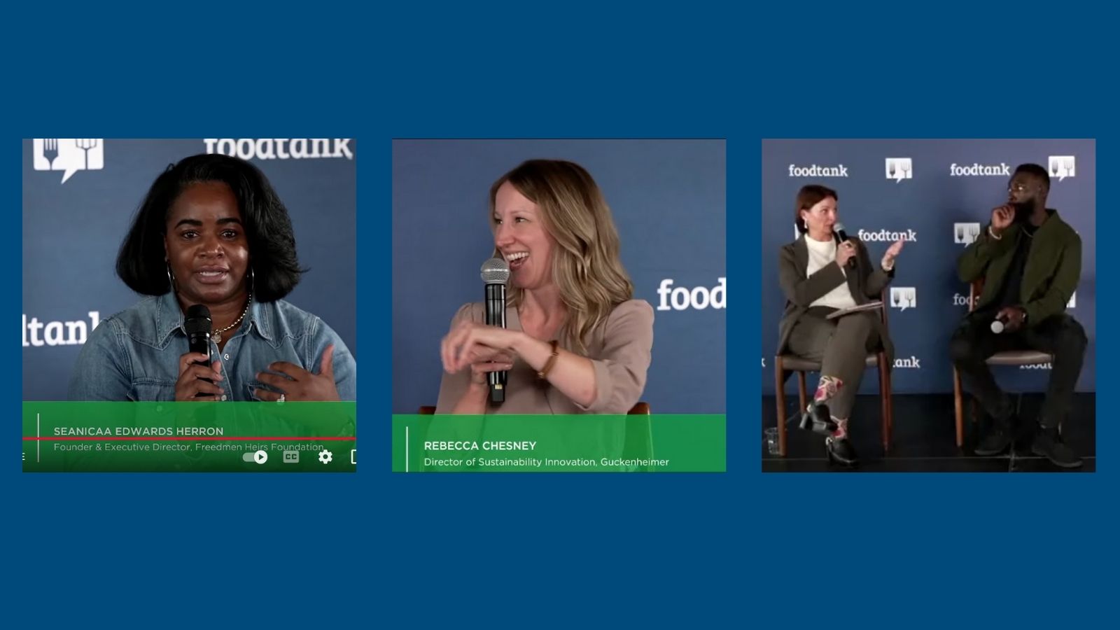 From left to right first image Seanicaa Edwards Heron, a black woman holding a microphone as she discusses the state of black farmers in the U.S.; second image Rebecca Chesney smiling as she discusses food waste and the role of large companies; third Anne McBride in conversation with Chef Eric Adjepong