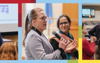 Three images of people framed by blocks of color, red, light blue, yellow, and green. From left to right: Dr. Ajay Joseph, Jaclyn Albin, and Steven Chen
