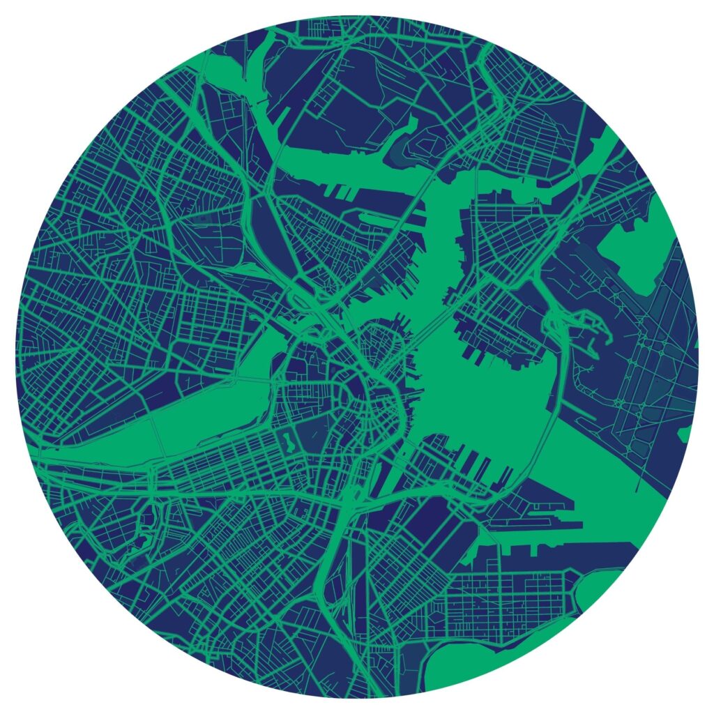 Aerial vector map of Boston a green background and major highways and roads outlined in dark blue.