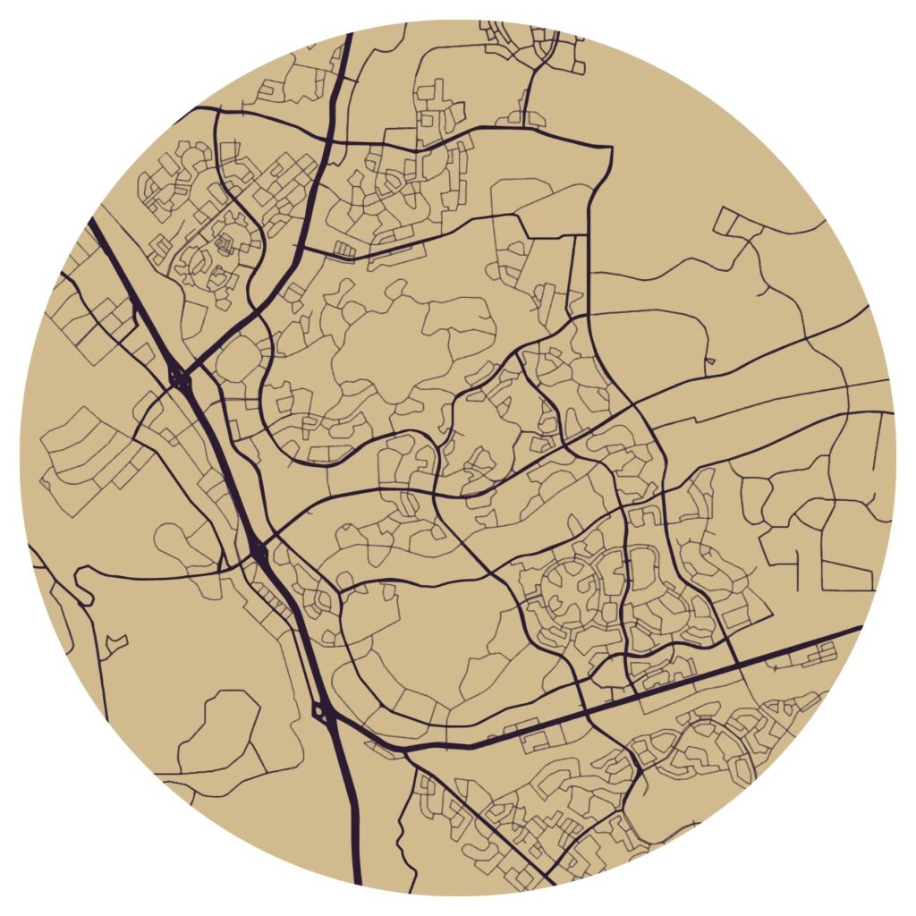 Aerial vector map of Temecula with a sepia background and major highways and roads outlined in dark brown.