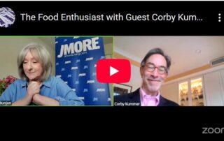 Screenshot of a YouTube and Zoom interview with (left to right) Dara Bunjon and Corby Kummer. A red video play button is centered in between their photos.