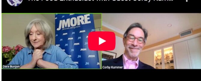 Screenshot of a YouTube and Zoom interview with (left to right) Dara Bunjon and Corby Kummer. A red video play button is centered in between their photos.