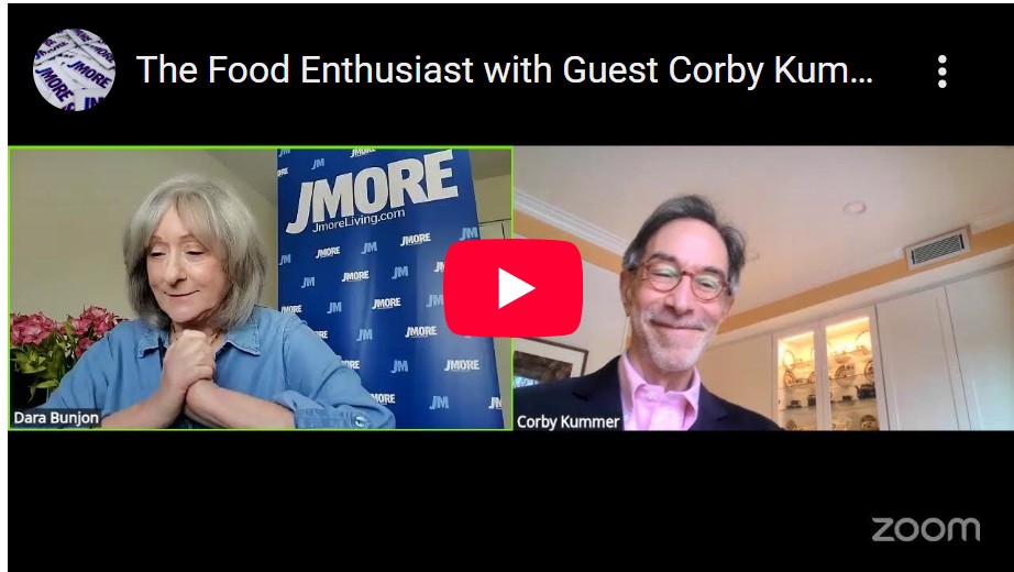 Screenshot of a YouTube and Zoom interview with (left to right) Dara Bunjon and Corby Kummer. A red video play button is centered in between their photos.