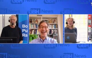 Blue background with GBH logo ghosted in darker blue text throughout the image. Three square screenshots of Jim Braude, Corby Kummer, and Margery Eagan captured in a moment of laughter.