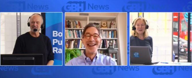 Blue background with GBH logo ghosted in darker blue text throughout the image. Three square screenshots of Jim Braude, Corby Kummer, and Margery Eagan captured in a moment of laughter.