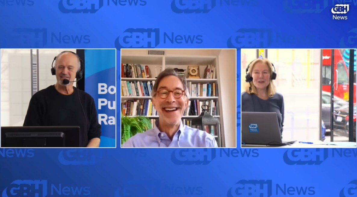Blue background with GBH logo ghosted in darker blue text throughout the image. Three square screenshots of Jim Braude, Corby Kummer, and Margery Eagan captured in a moment of laughter.