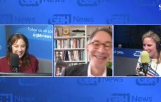 A screenshot of the YouTube livestream of Boston Public Radio from Monday June 8, 2026. Set against a blue background with the GBH News logo in the upper right corner. Three white-outlined images are set in the center, from left to right: Cristina Quinn, a woman with shoulder length brown hair and wearing a red top smiling behind a studio mic; Corby Kummer, a white male wearing glasses and a dark blue coat over a white collared shirt and smiling; and Trenni Casey, speaking into a studio mic wearing a white t-shirt with a red and blue design.
