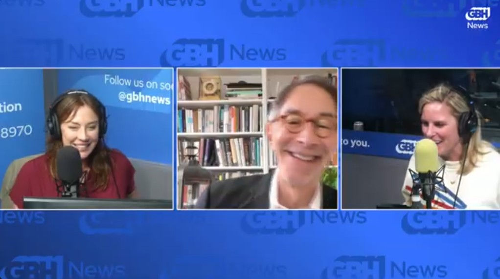 A screenshot of the YouTube livestream of Boston Public Radio from Monday June 8, 2026. Set against a blue background with the GBH News logo in the upper right corner. Three white-outlined images are set in the center, from left to right: Cristina Quinn, a woman with shoulder length brown hair and wearing a red top smiling behind a studio mic; Corby Kummer, a white male wearing glasses and a dark blue coat over a white collared shirt and smiling; and Trenni Casey, speaking into a studio mic wearing a white t-shirt with a red and blue design.